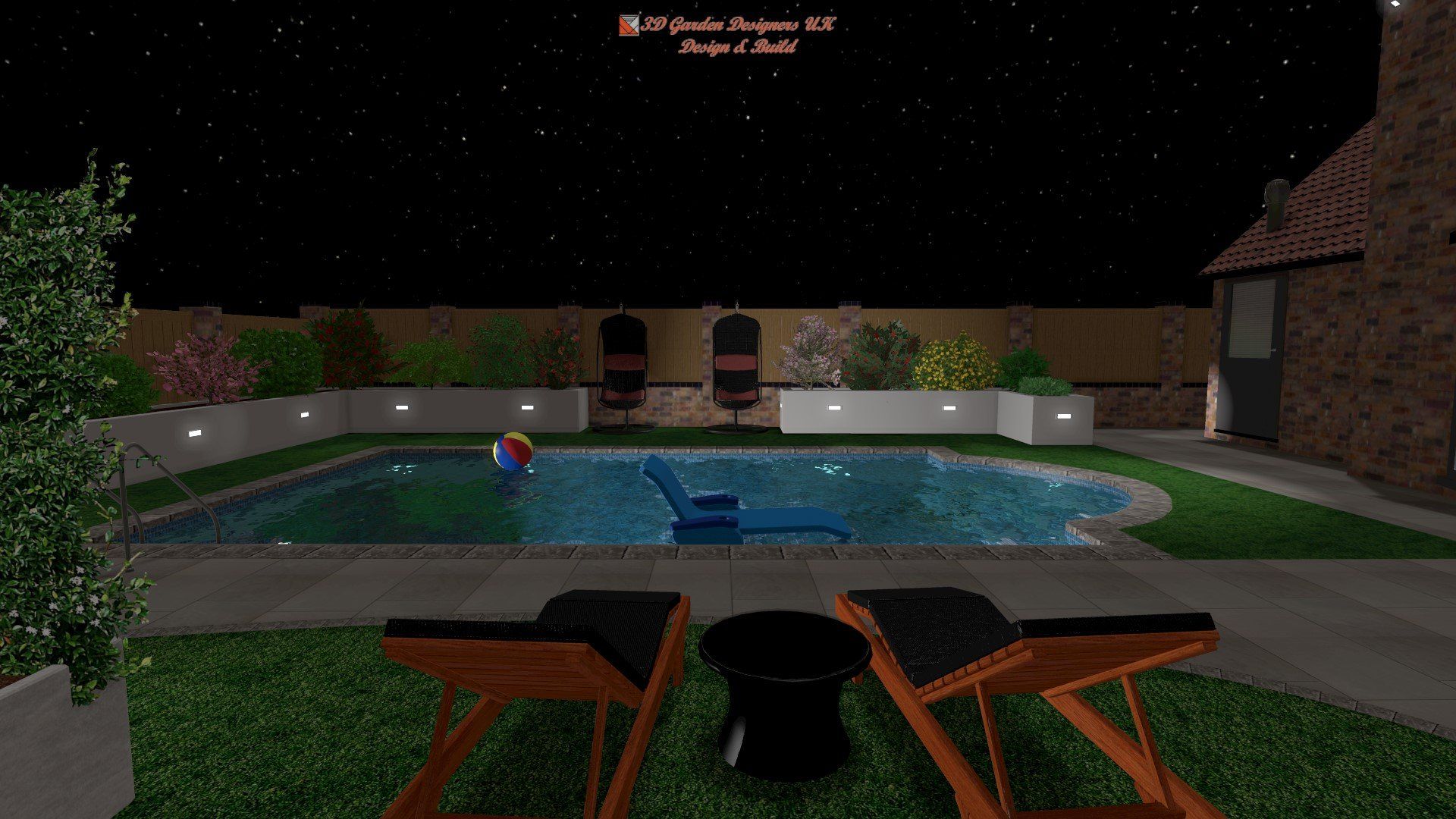 There is a swimming pool in the backyard at night.
