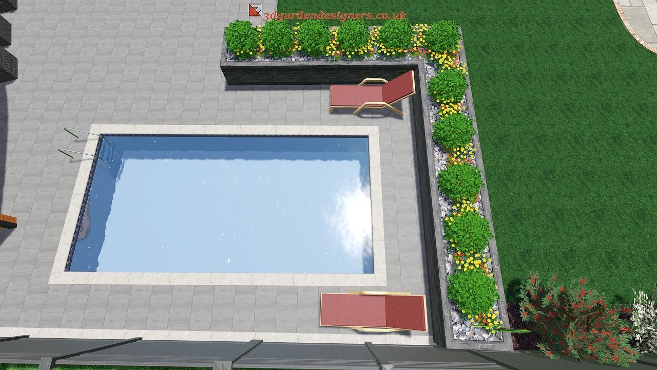 An aerial view of a swimming pool surrounded by lawn chairs.