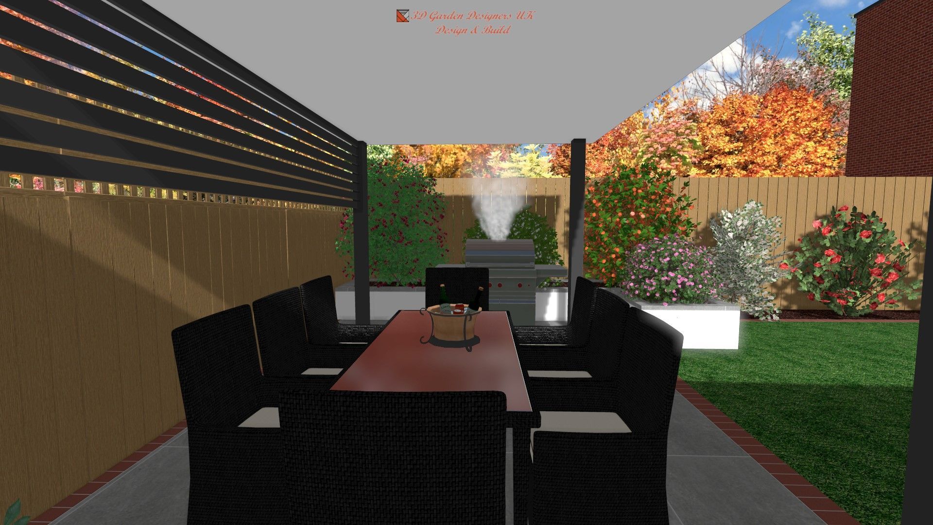 A computer generated image of a patio with a table and chairs