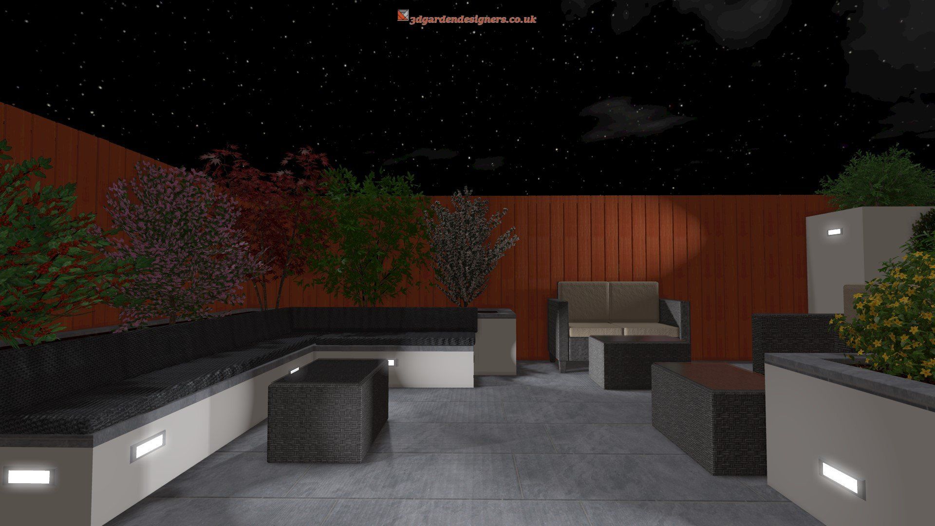 A computer generated image of a patio at night with a couch , table and chairs.