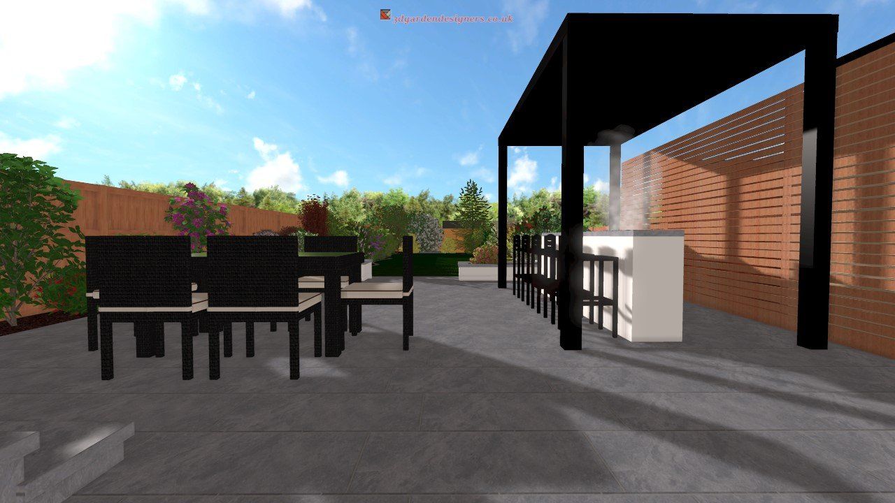A computer generated image of a patio with tables and chairs