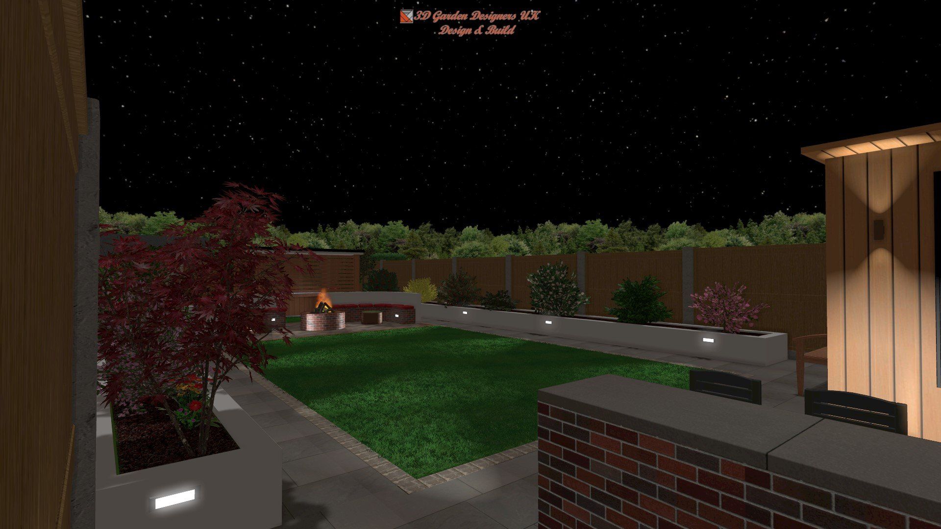 A computer generated image of a backyard at night