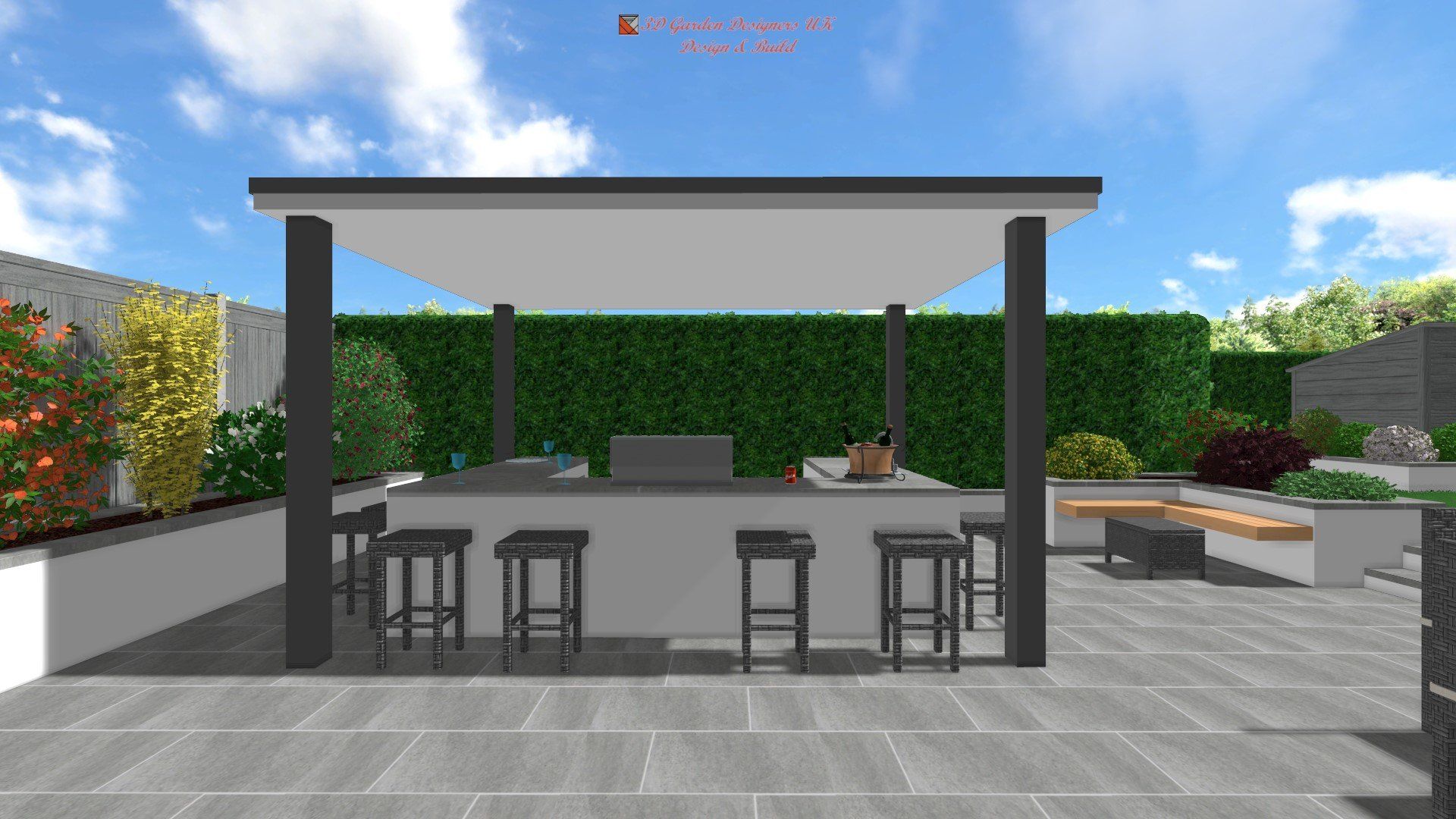 A 3d rendering of a patio with a bar and stools.
