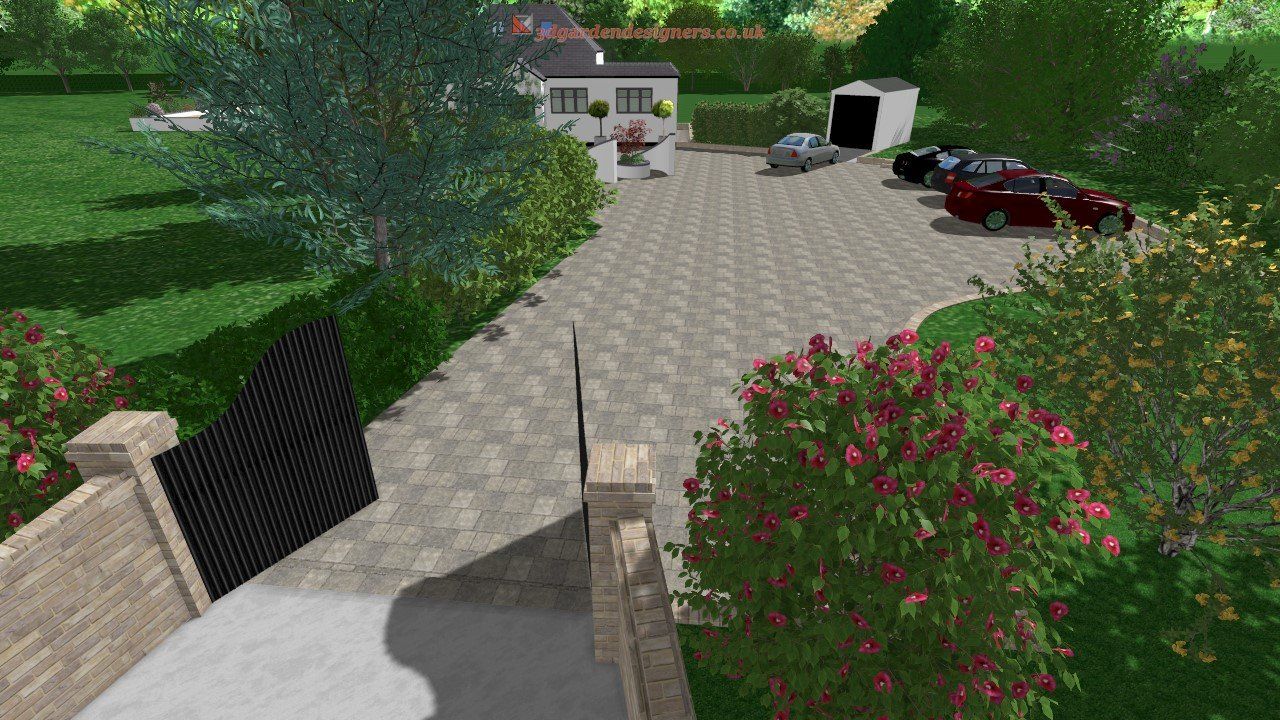 A computer generated image of a driveway leading to a house.