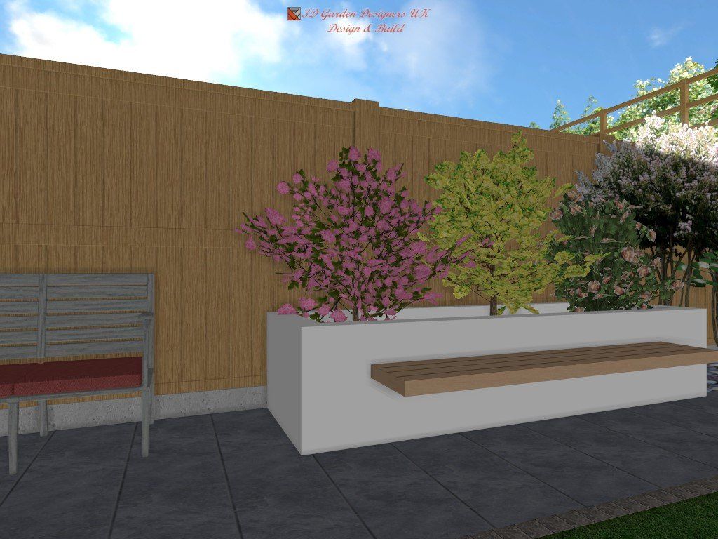A 3d rendering of a garden with a bench and a wooden fence.