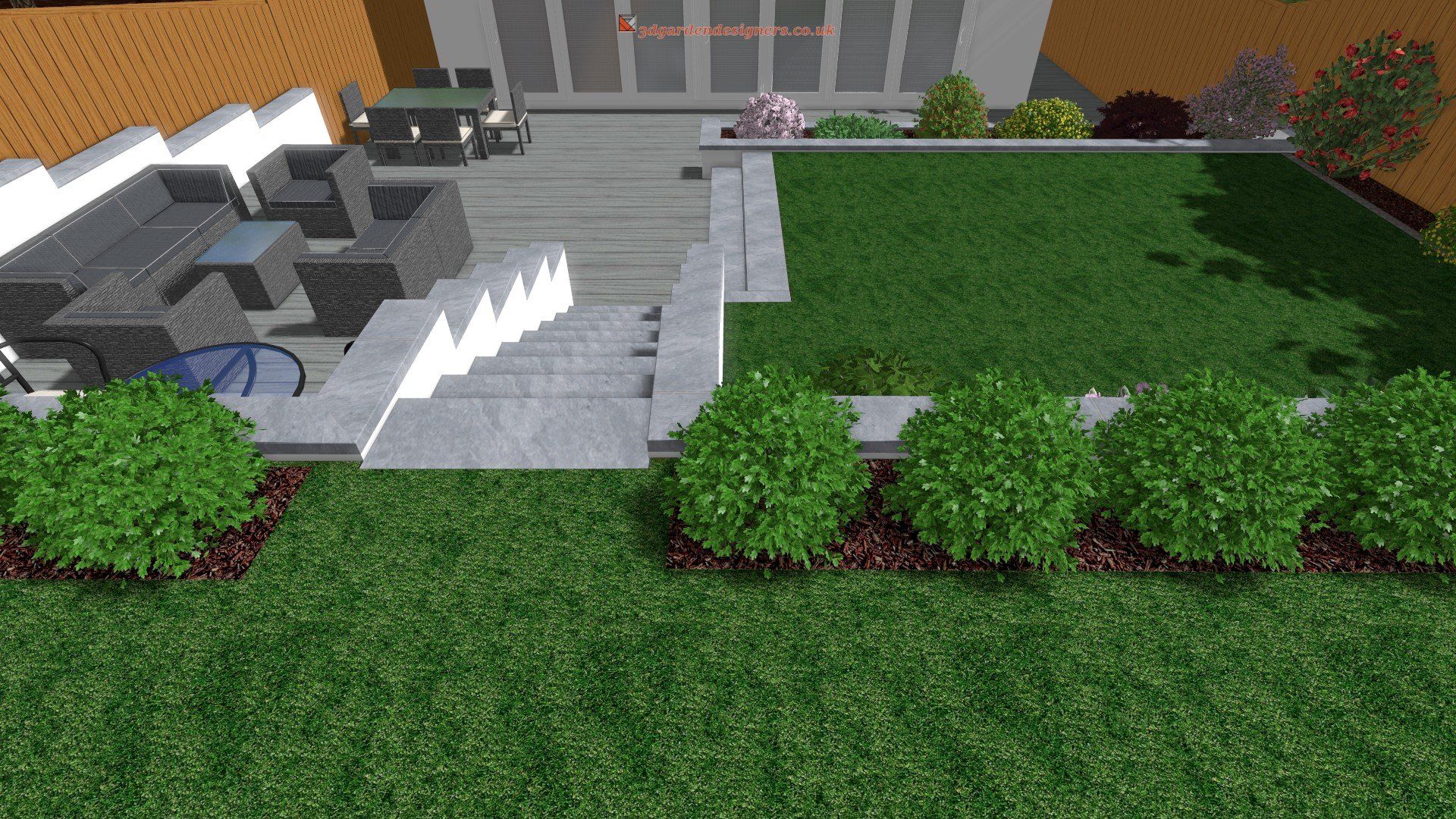 A computer generated image of a backyard with a patio and stairs.