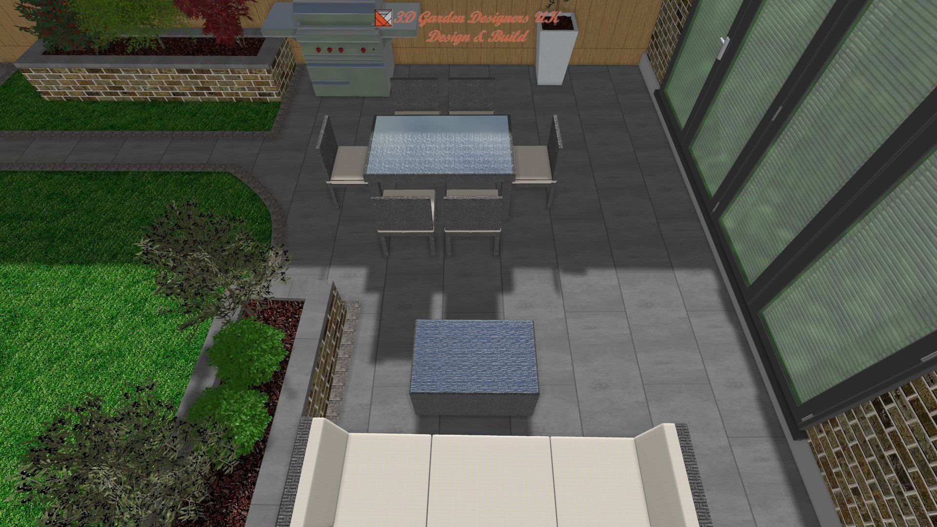 An aerial view of a patio with a table and chairs.
