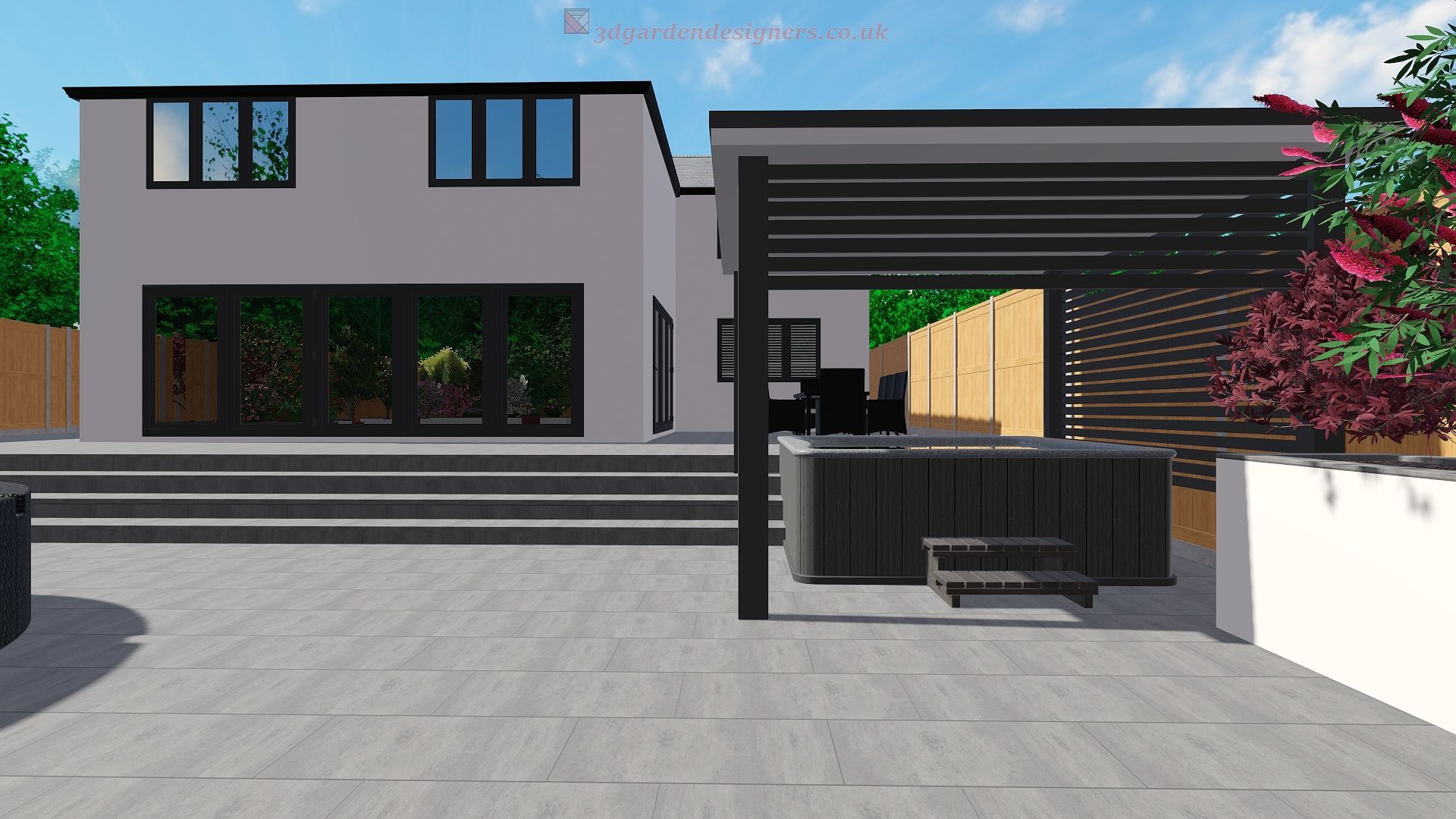 Modern backyard with a hot tub and seating area next to a two-story house.