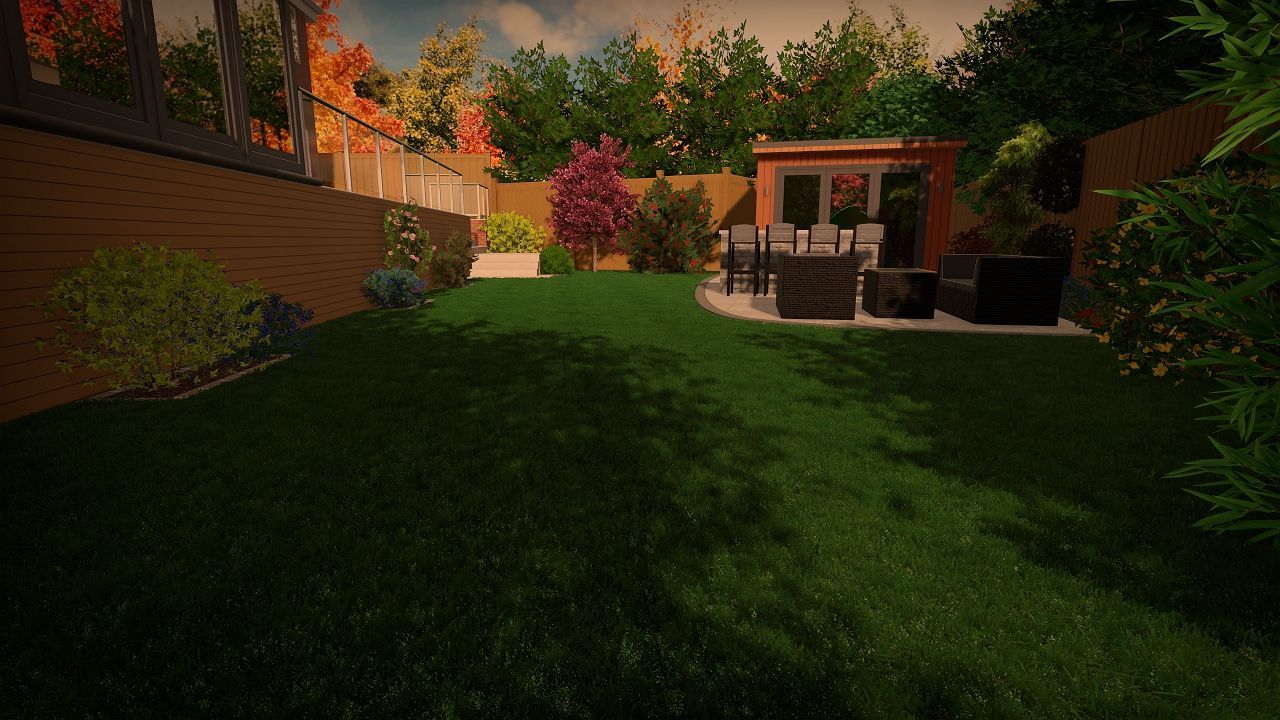 Lush green backyard with a seating area, trees, and a building on a sunny day.