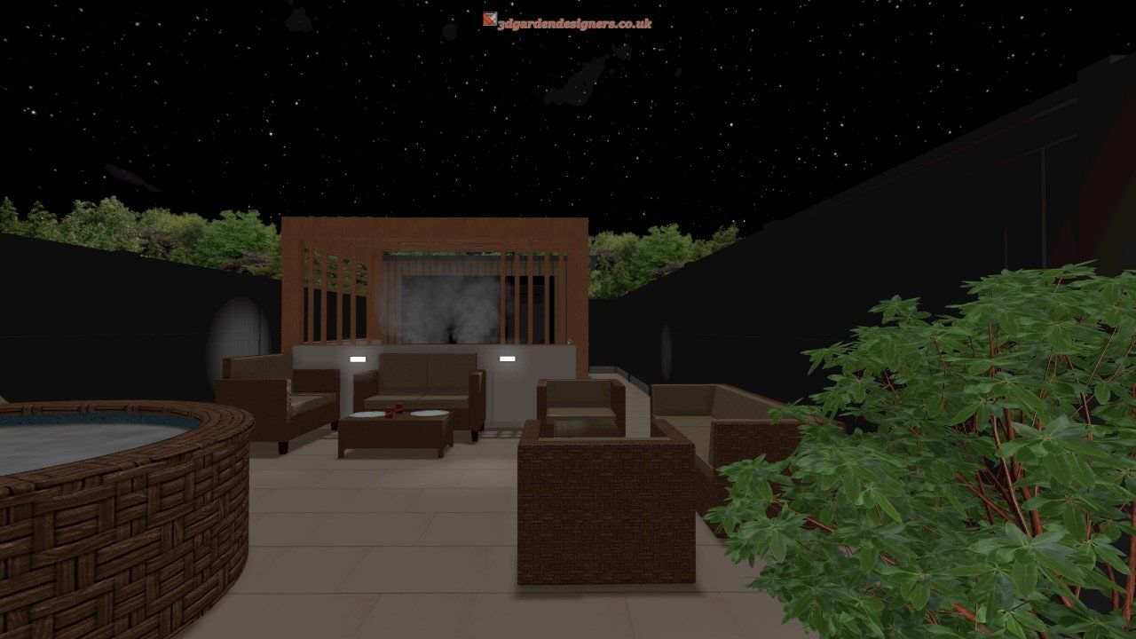 A computer generated image of a patio with a hot tub and furniture at night.