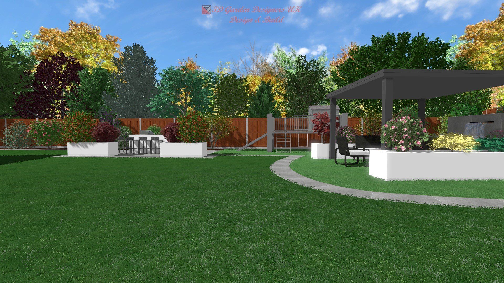 An artist 's impression of a backyard with a pergola and a playground.