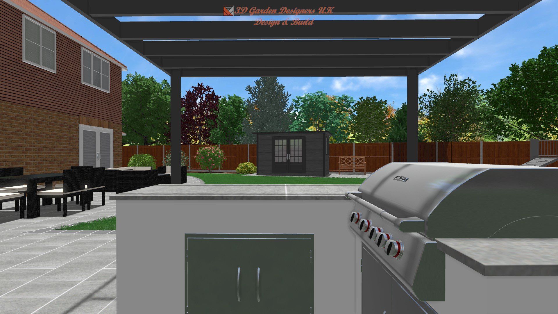 A computer generated image of a backyard with a grill