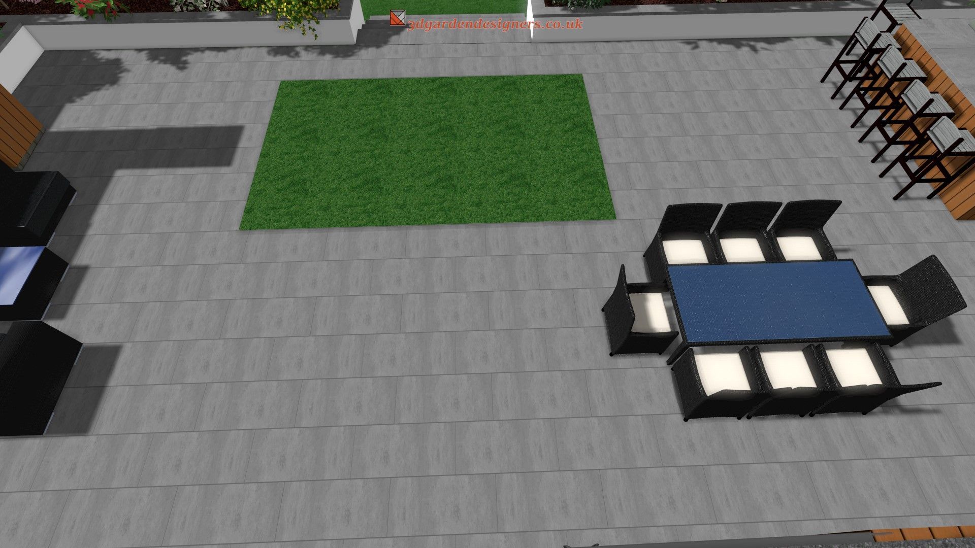 An aerial view of a patio with a table and chairs