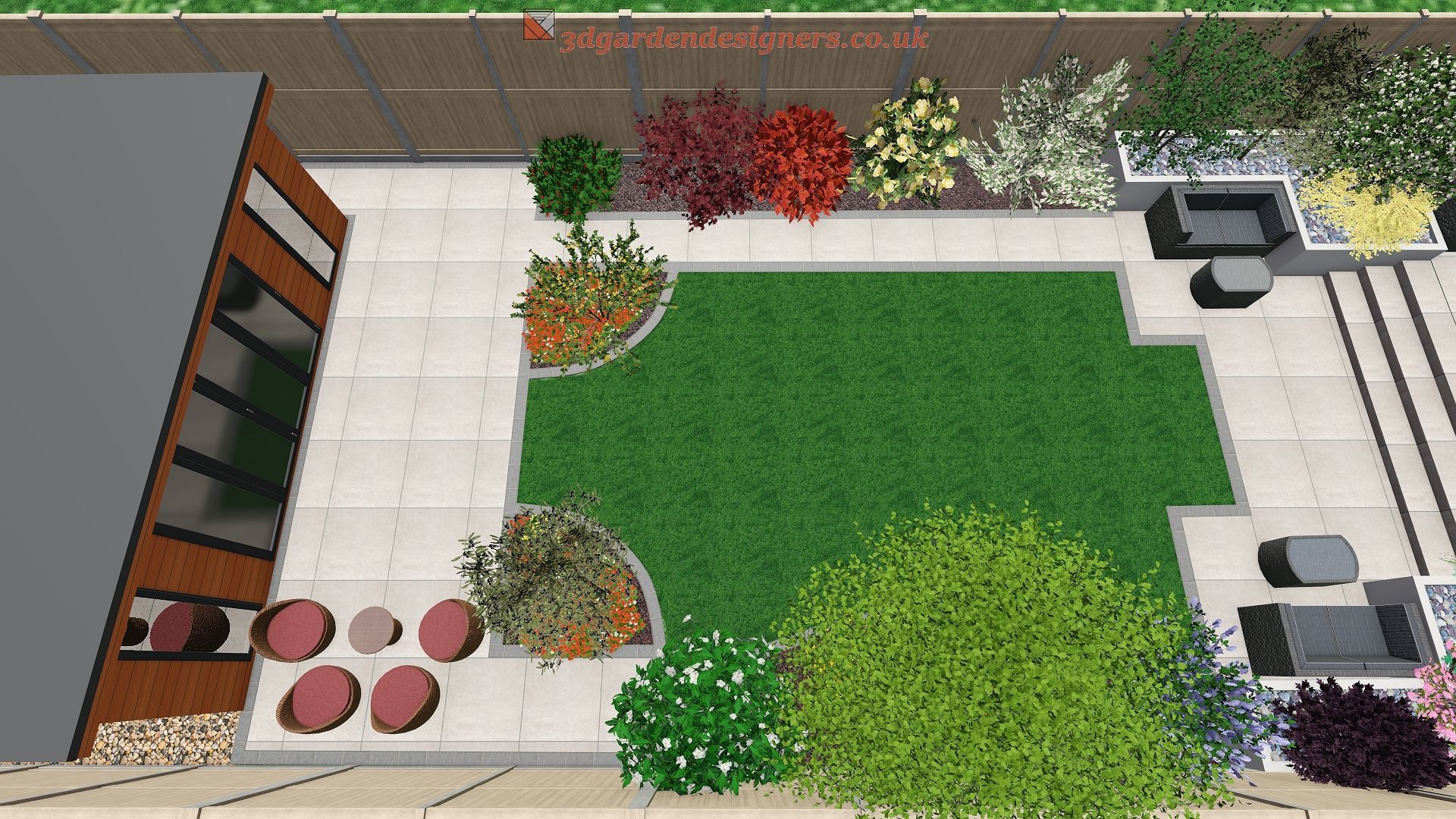 Overhead view of a modern backyard design with patio, lawn, and various plants.