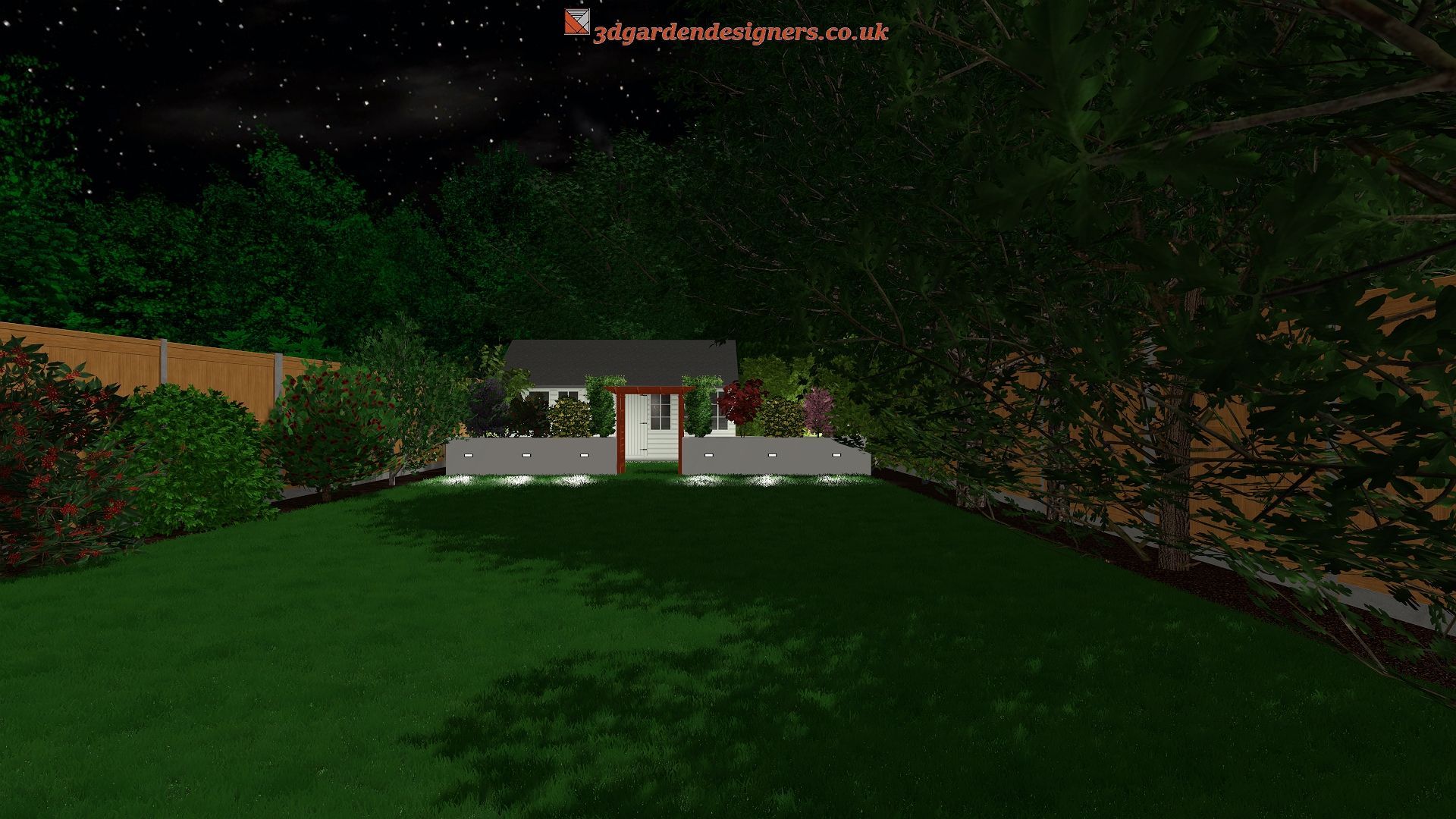 Nighttime view of a modern house, illuminated garden, and green lawn under a starry sky.
