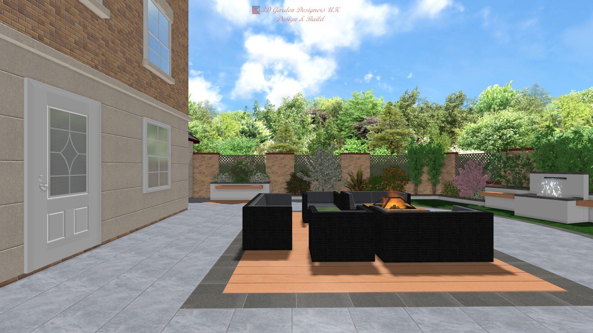 A computer generated image of a patio with furniture and a fire pit.