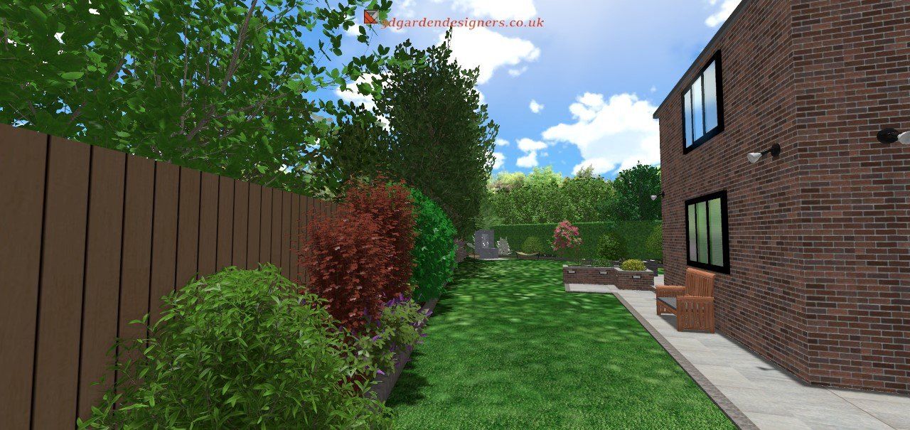 A computer generated image of a backyard with a brick house and a wooden fence.