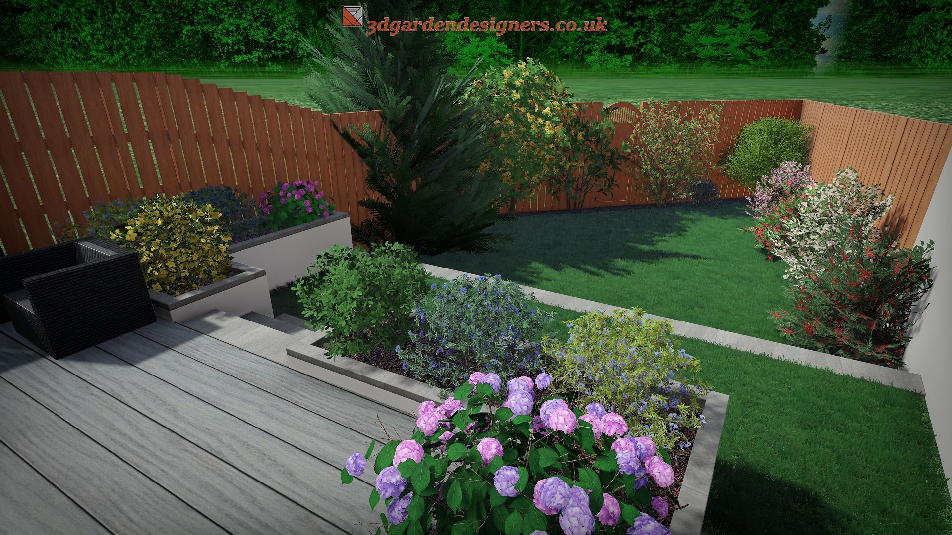 Backyard garden with wooden deck, raised flower beds, lawn, and brown fence.