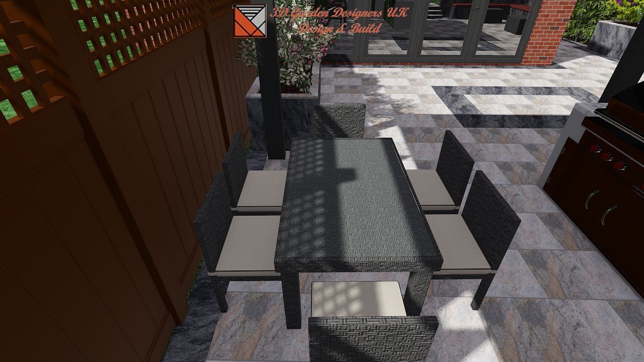 A patio with a table and chairs in it.