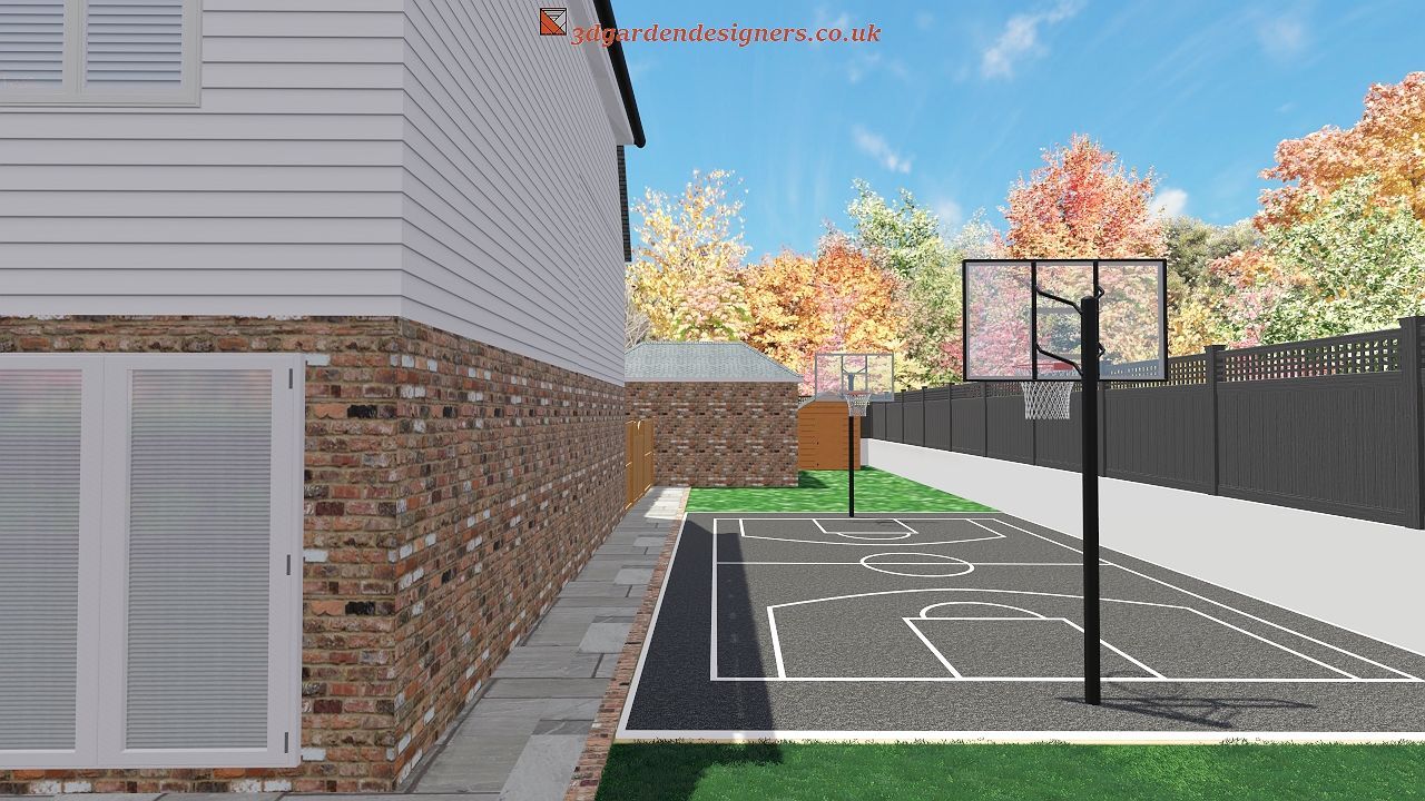 An artist 's impression of a basketball court in a backyard
