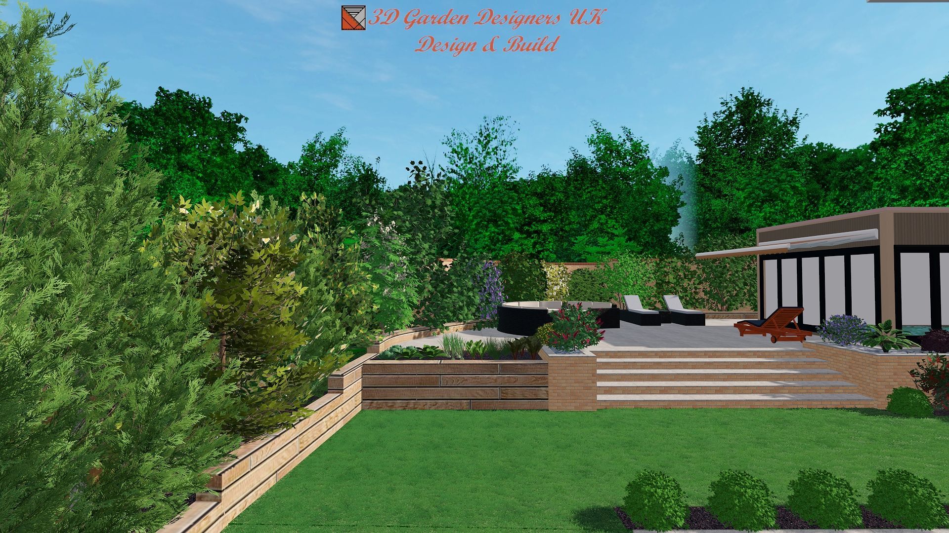 A computer generated image of a house surrounded by trees