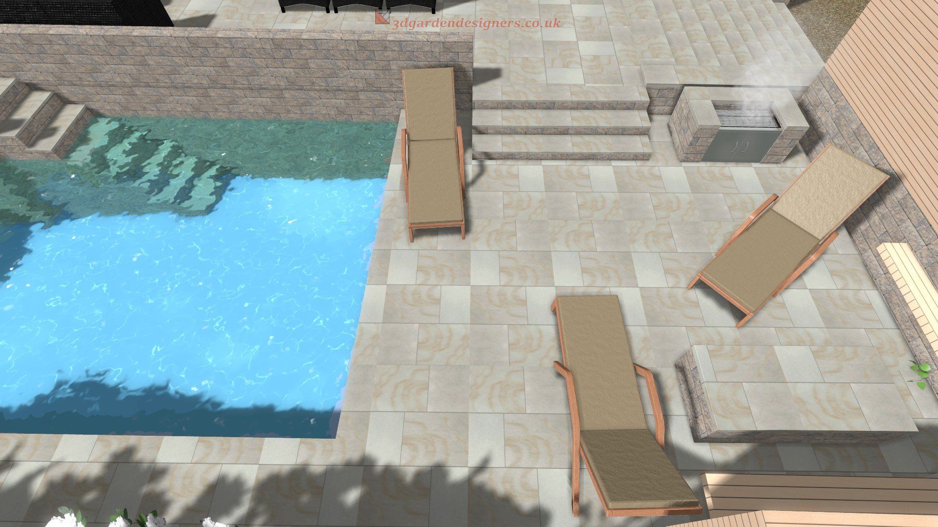 An aerial view of a patio with a swimming pool and chairs.