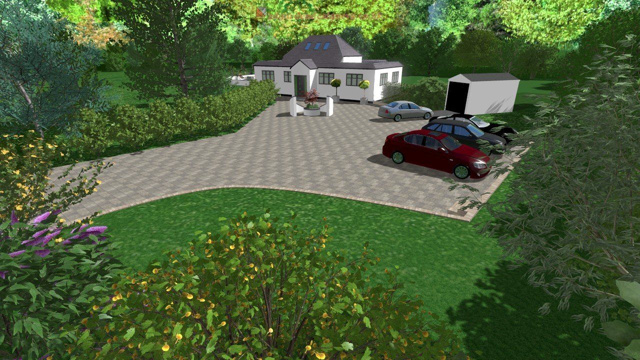A computer generated image of a house with cars parked in front of it.