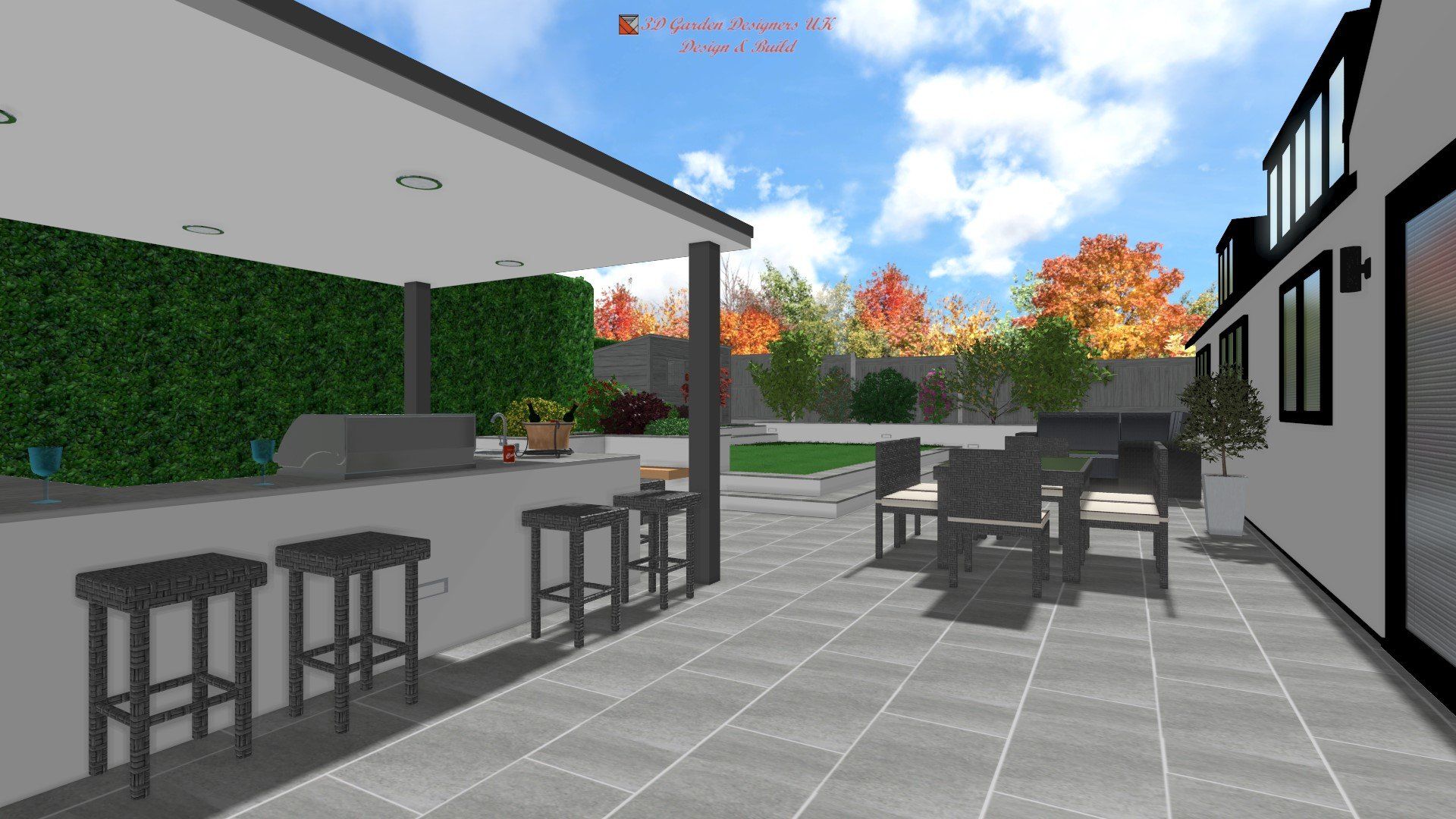 A computer generated image of a patio with a table and chairs