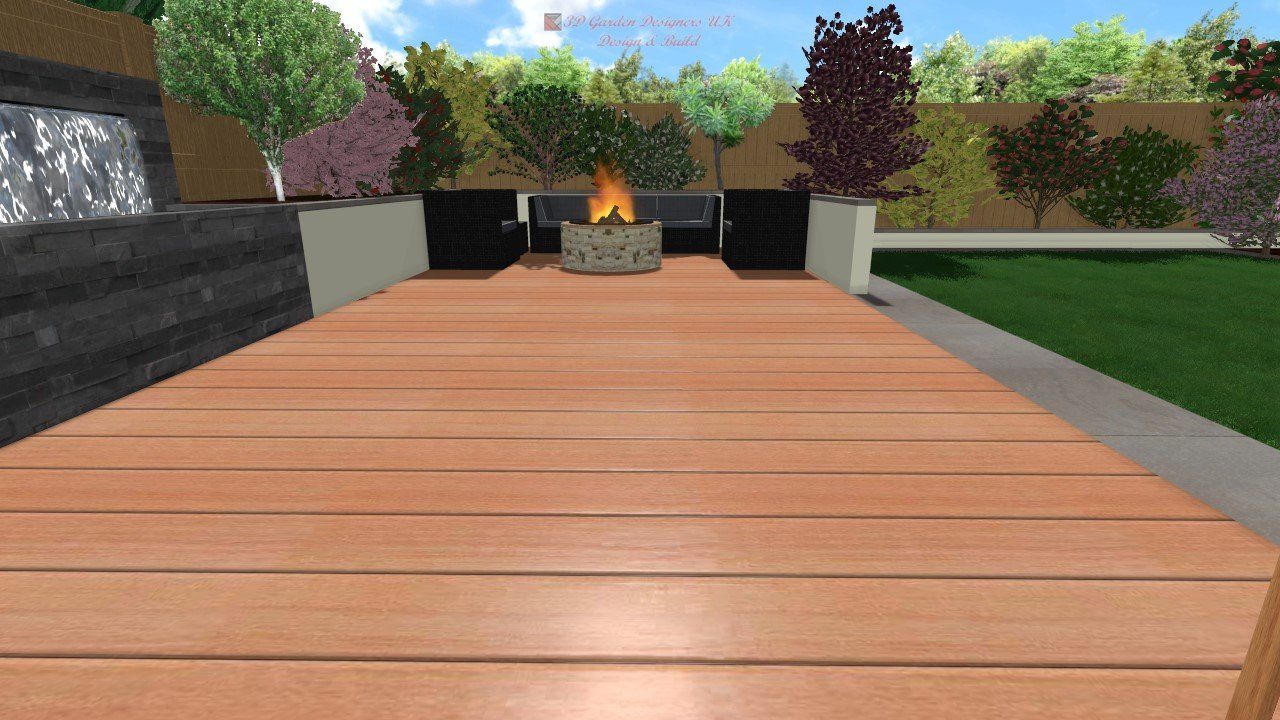 A wooden deck with a fire pit in the middle of it