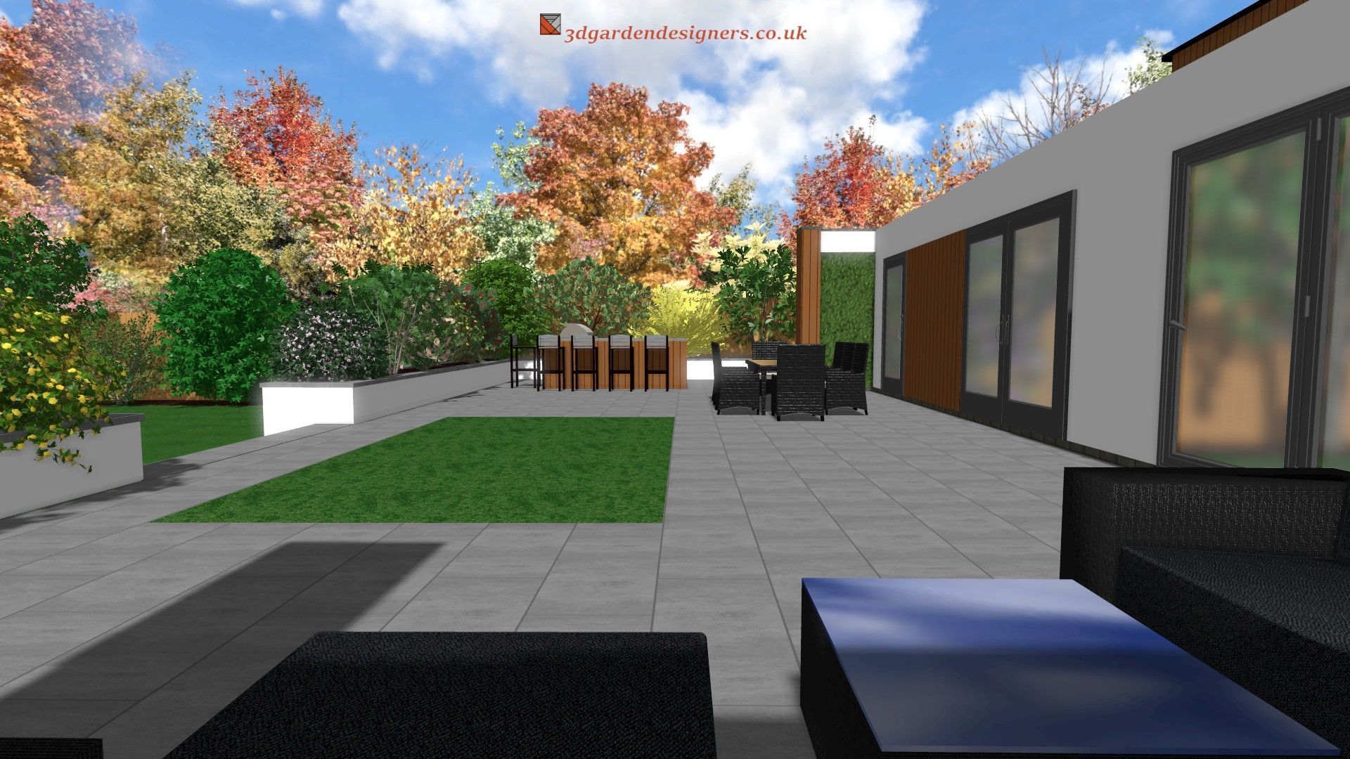 A computer generated image of a house and patio