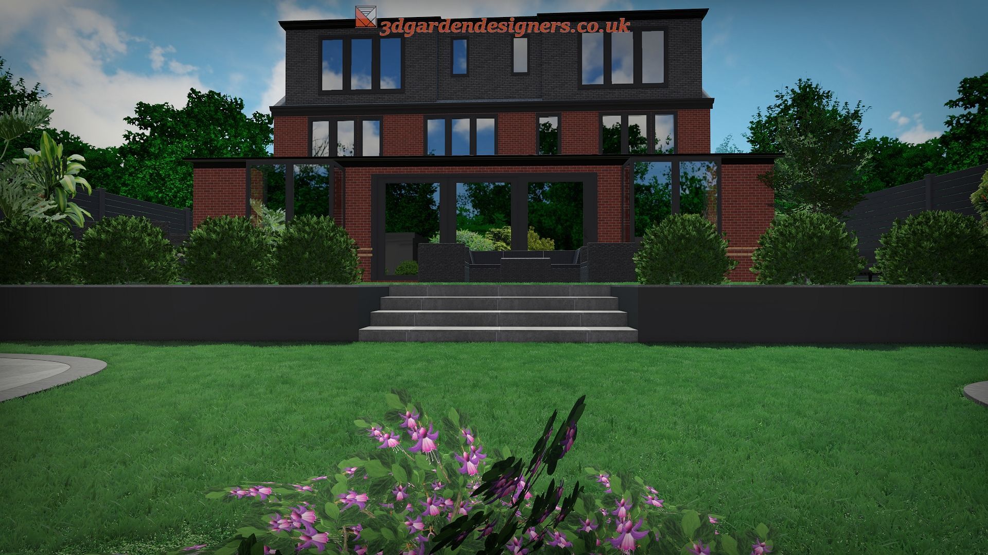 A modern brick house with a manicured lawn and patio, surrounded by lush greenery.