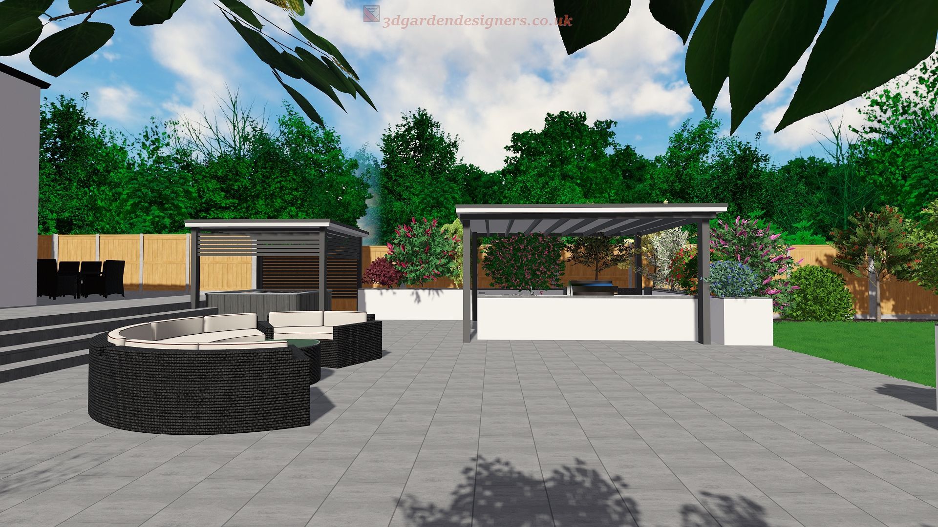 Outdoor patio with seating, grilling area, and overhead structures, surrounded by greenery.