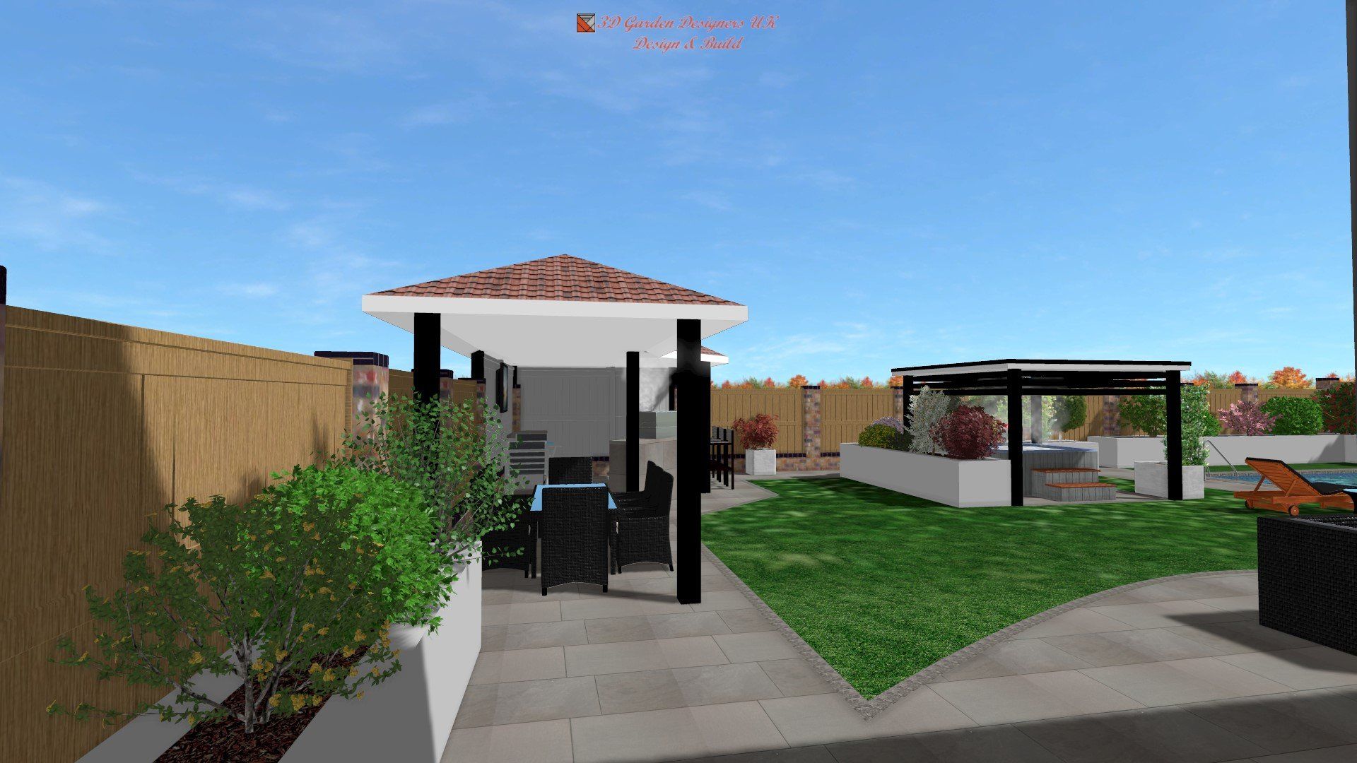 A computer generated image of a backyard with a gazebo and a grill.