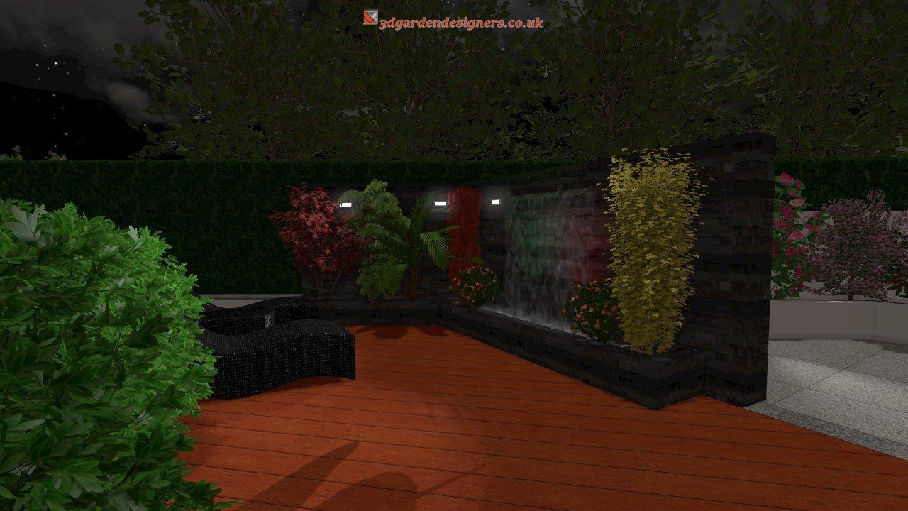 A computer generated image of a garden at night.