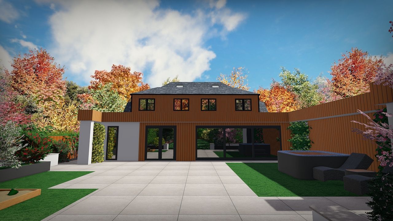Modern home exterior with wooden and white elements; landscaped yard, autumn trees, blue sky.
