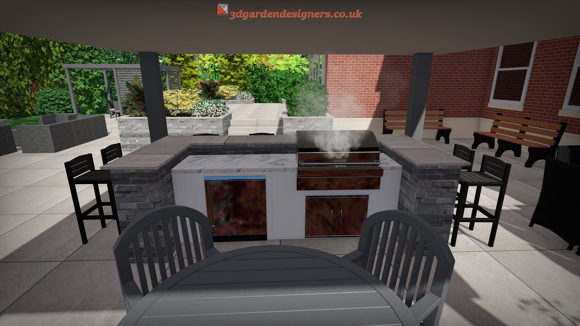 A computer generated image of a patio area with a table and chairs.