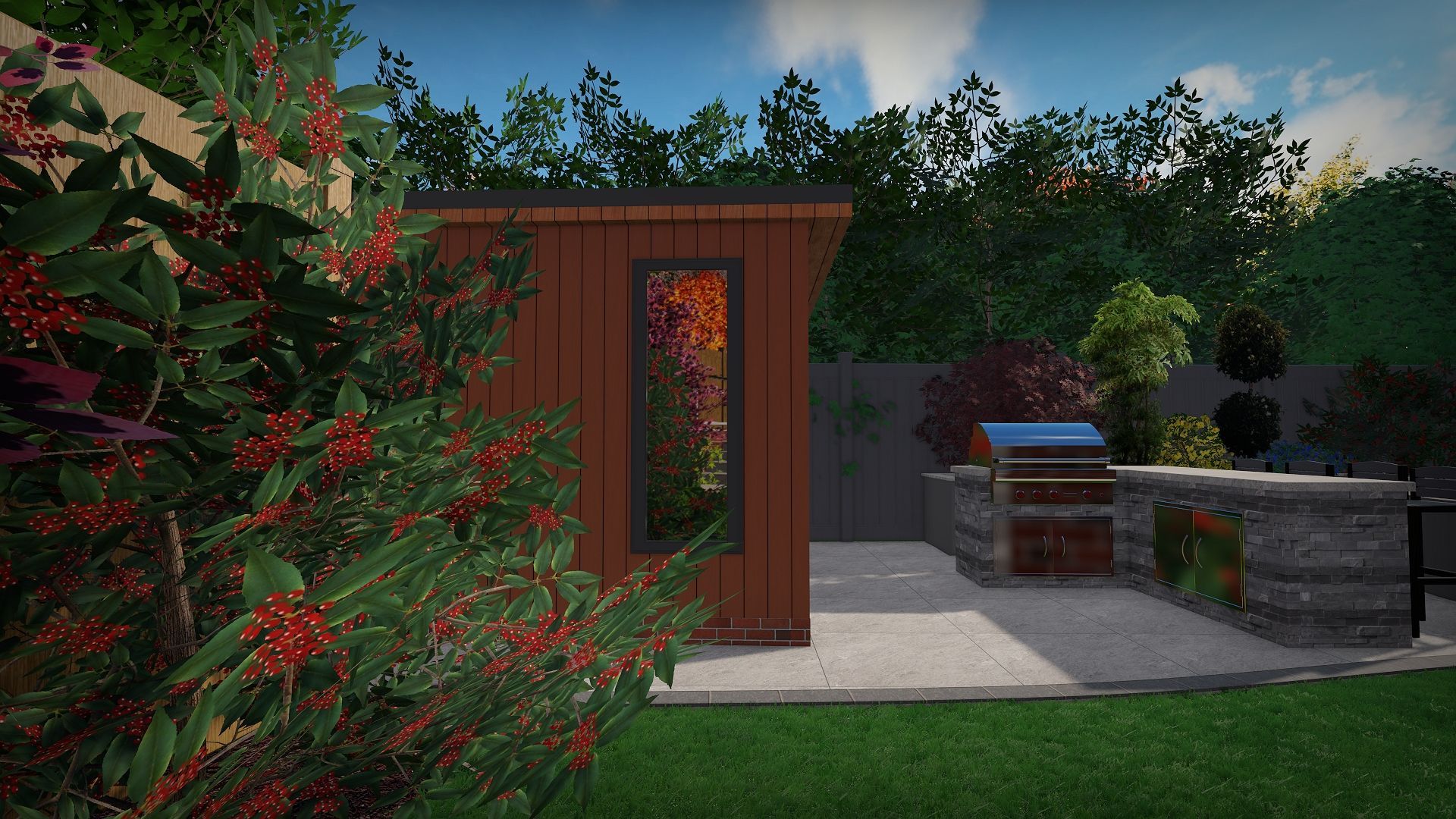 Outdoor space with a brown shed, a grill, and greenery on a sunny day.
