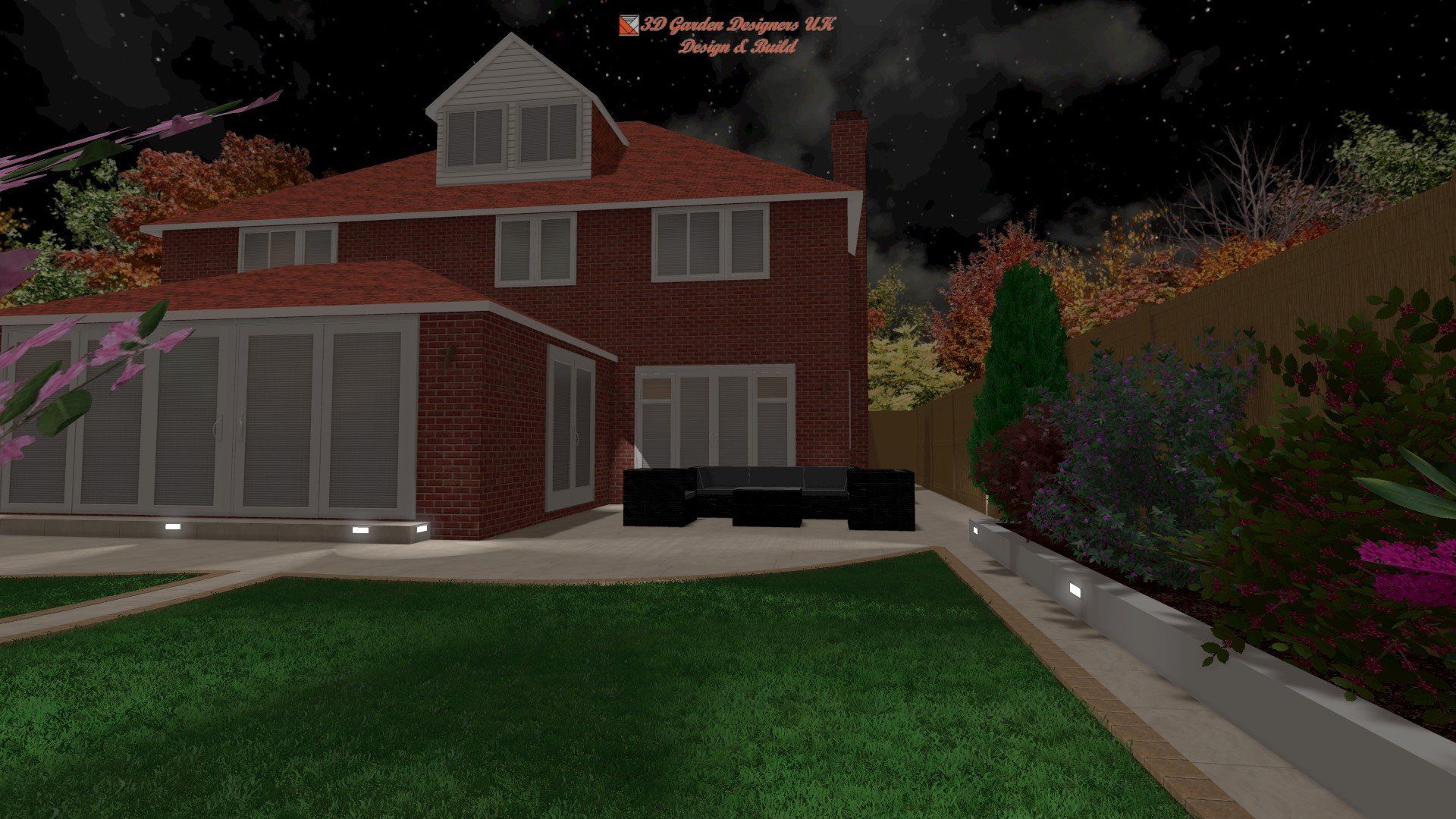 A computer generated image of a brick house at night.