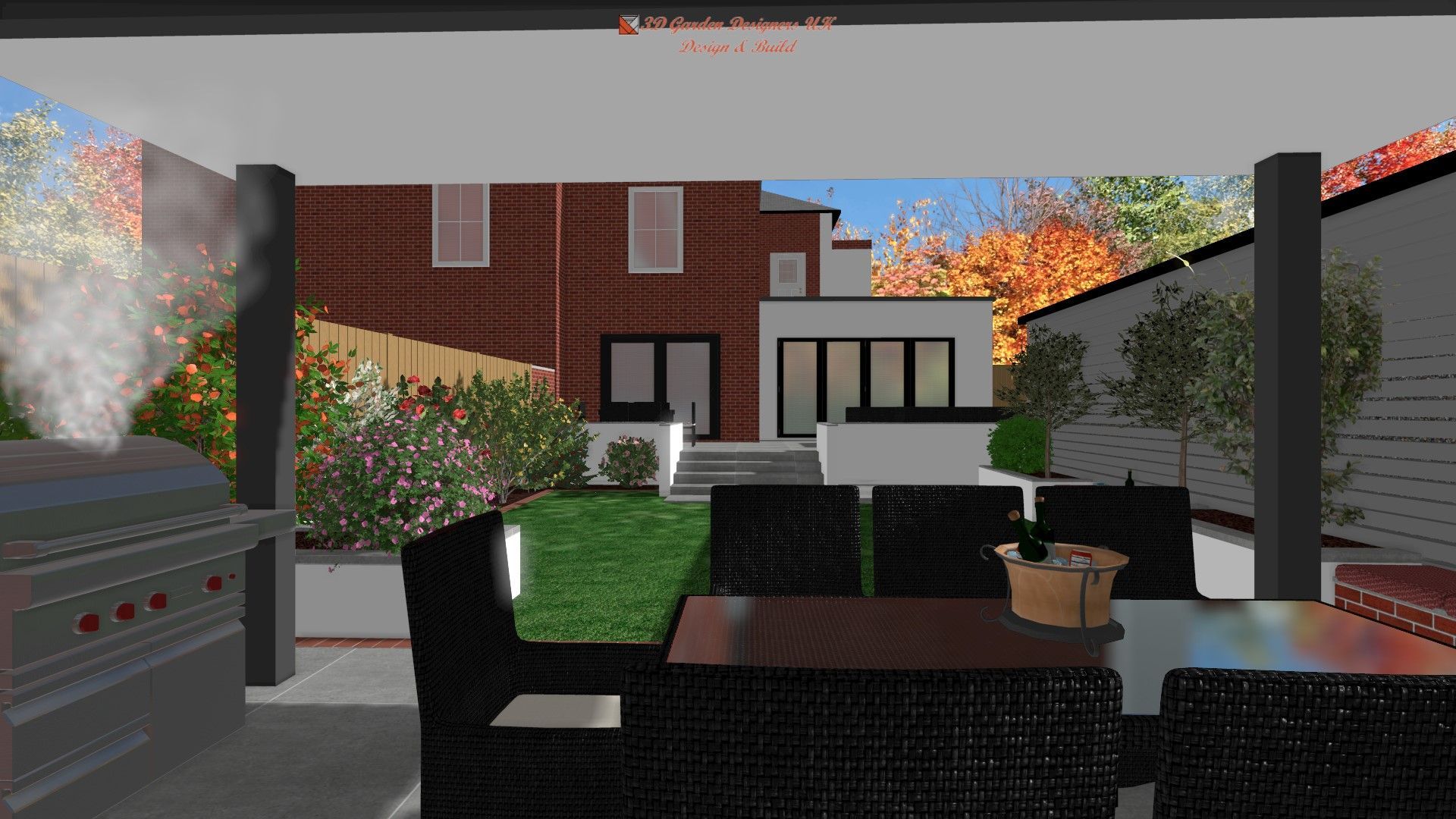 A computer generated image of a backyard with a table and chairs and a grill.