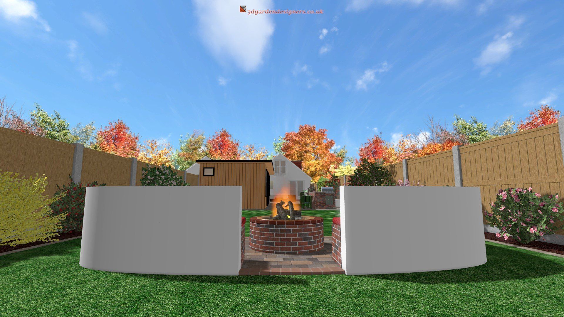 A 3d rendering of a backyard with a fire pit and a shed.