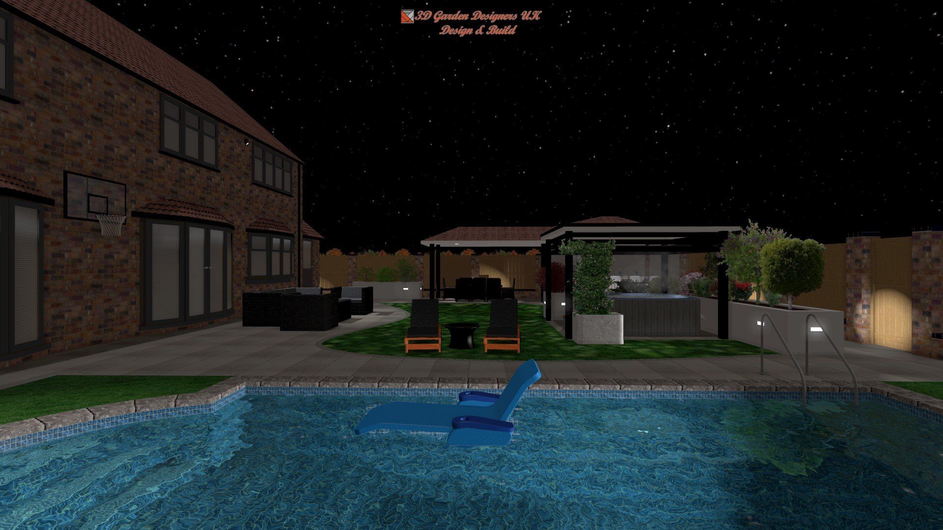 There is a swimming pool in the backyard of a house at night.