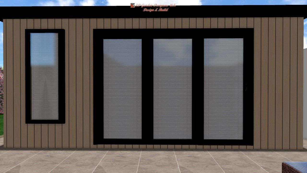 A computer generated image of a house with sliding glass doors and windows.