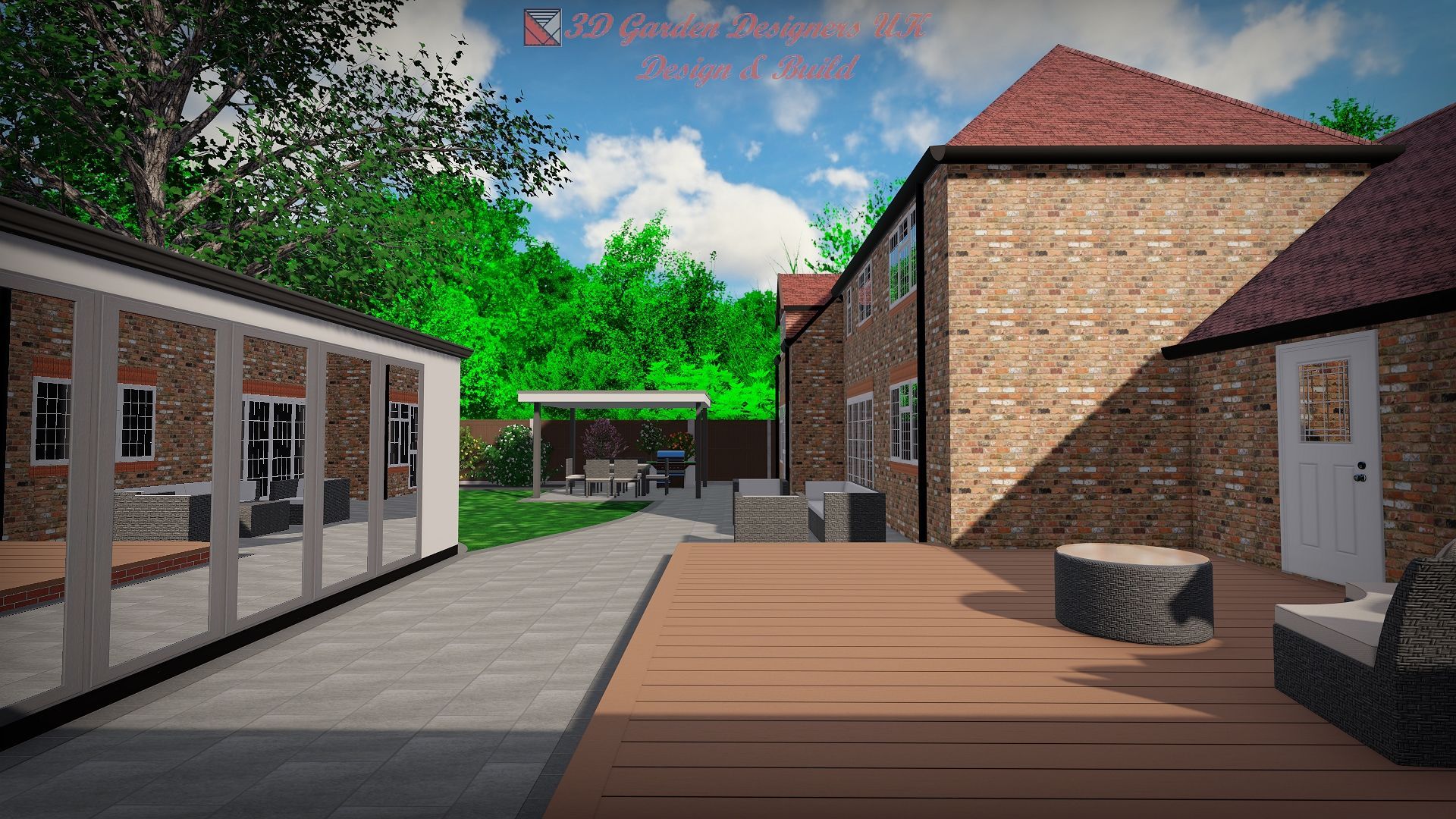 Backyard with deck, patio, and brick house on a sunny day with green foliage.