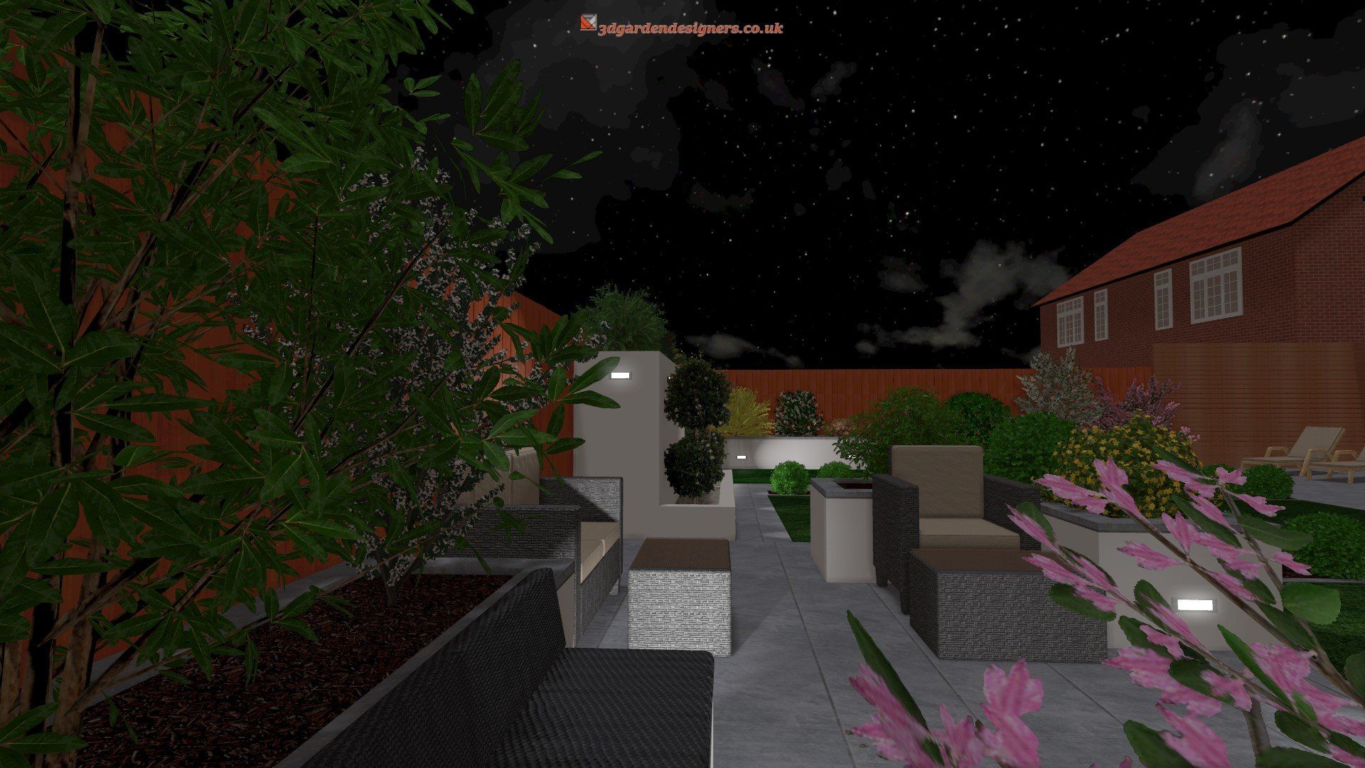 A computer generated image of a garden at night with a house in the background.