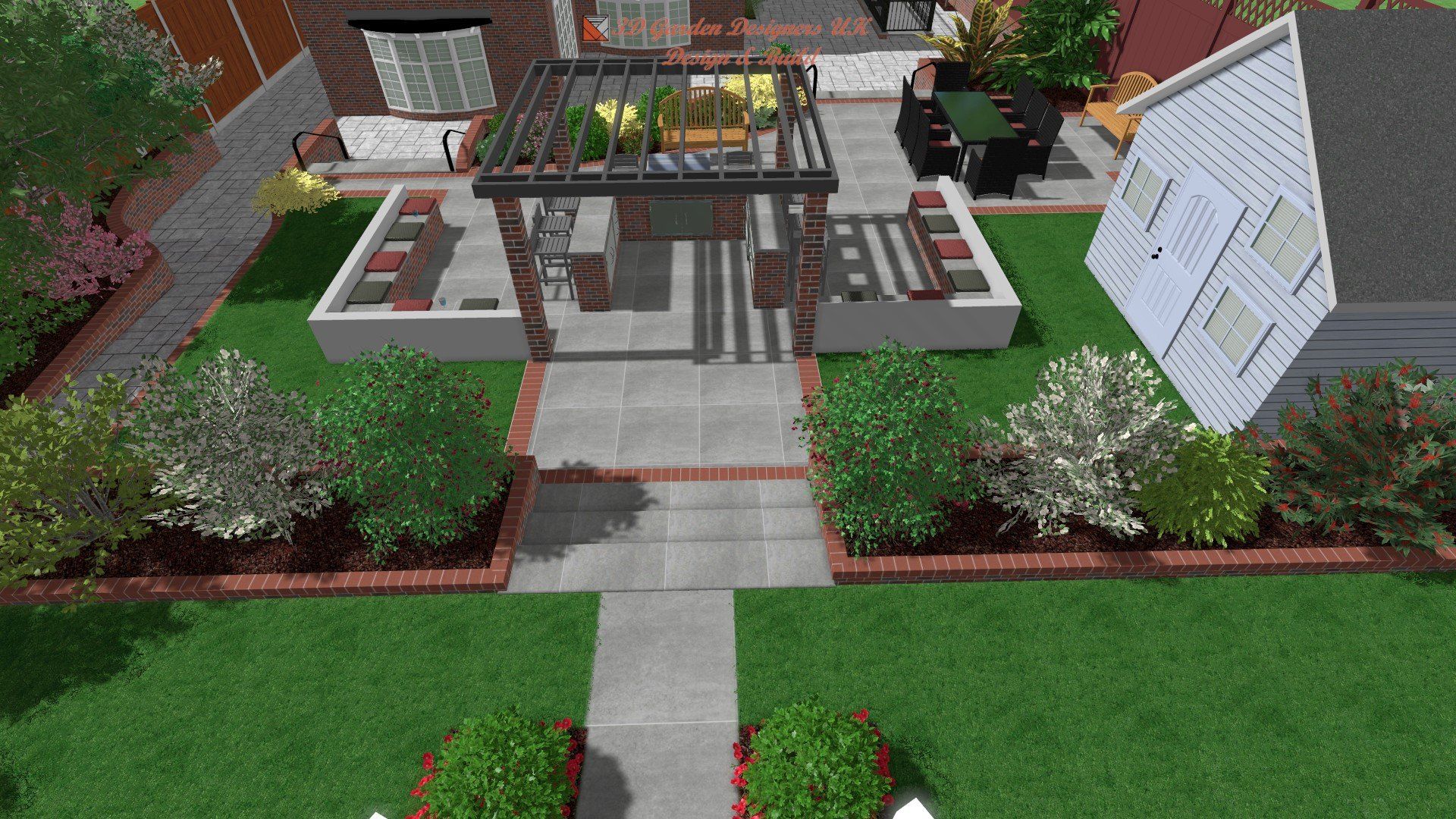 An aerial view of a backyard with a pergola and a patio.
