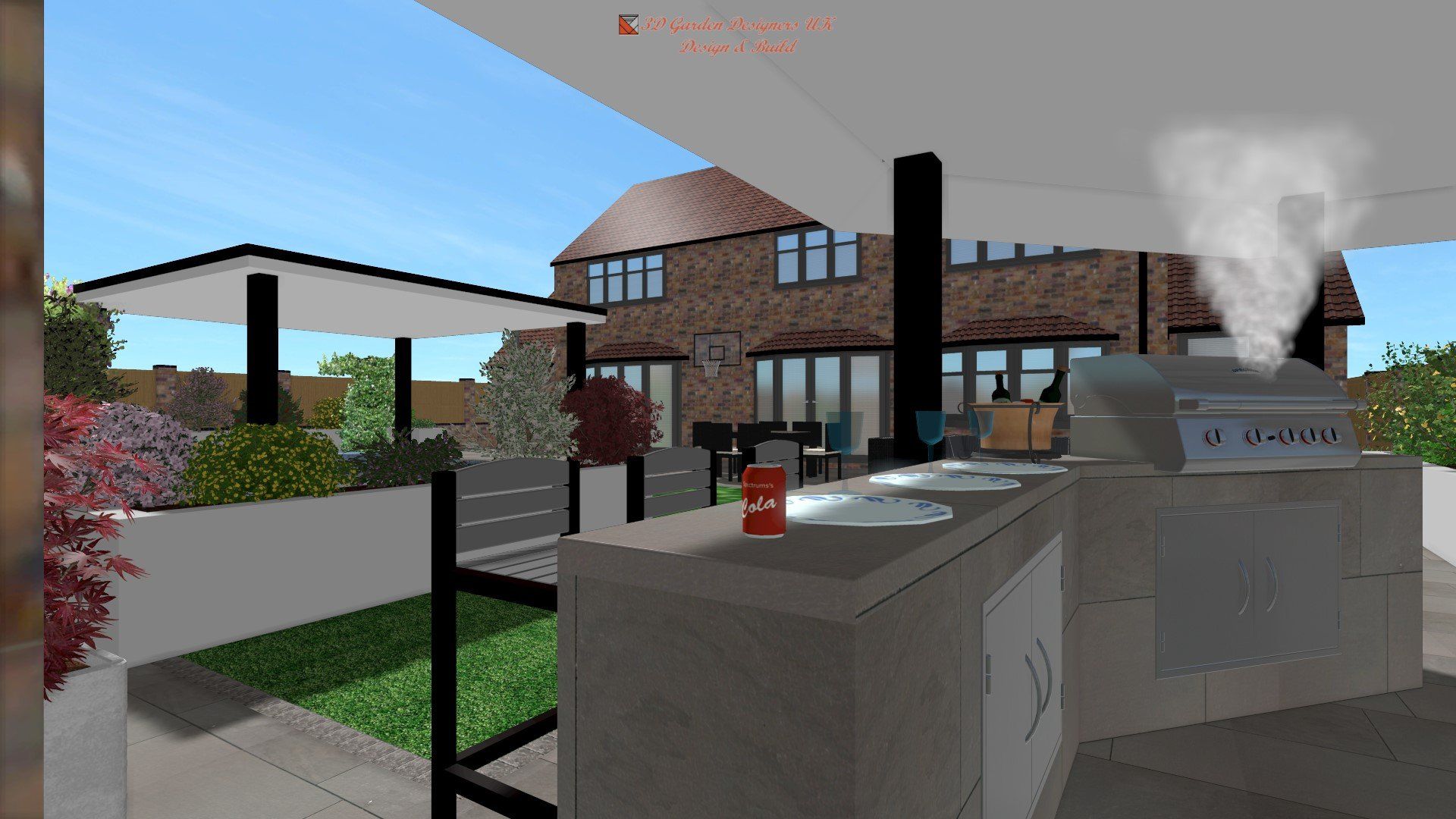 A computer generated image of a house with smoke coming out of a grill