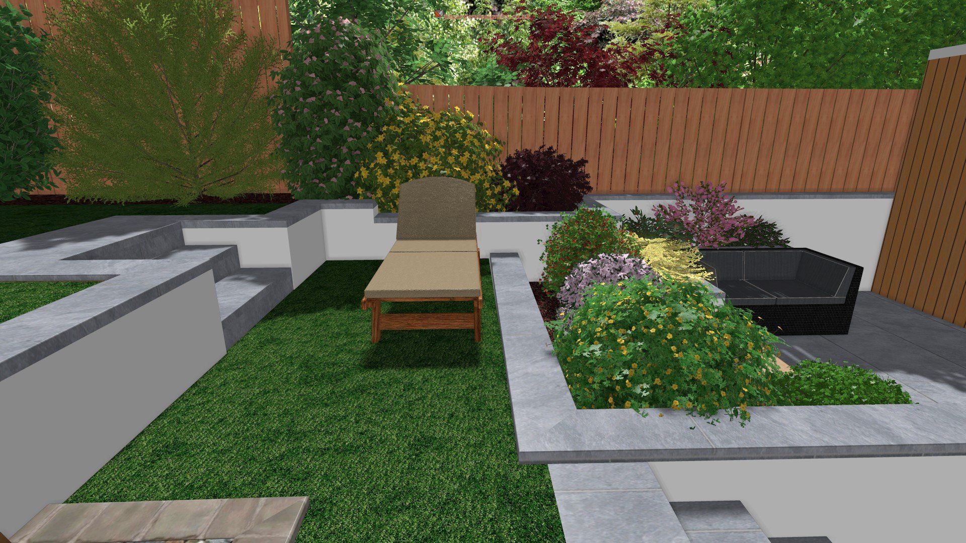 A computer generated image of a backyard with a chair and a table