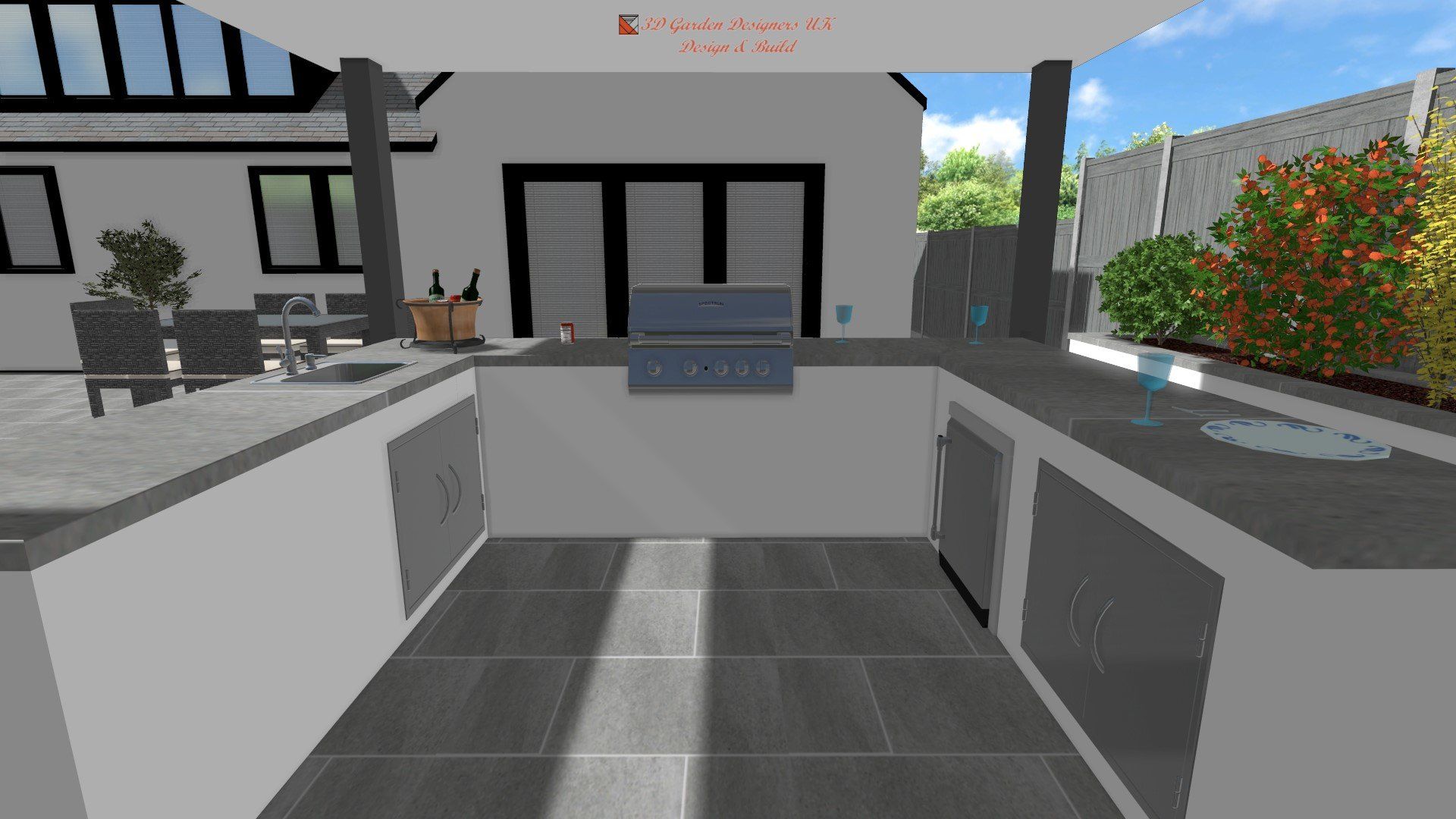 A computer generated image of a kitchen with a grill and a sink.
