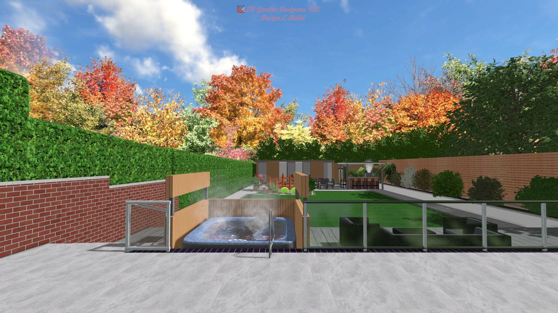 A computer generated image of a backyard with a pool and trees.