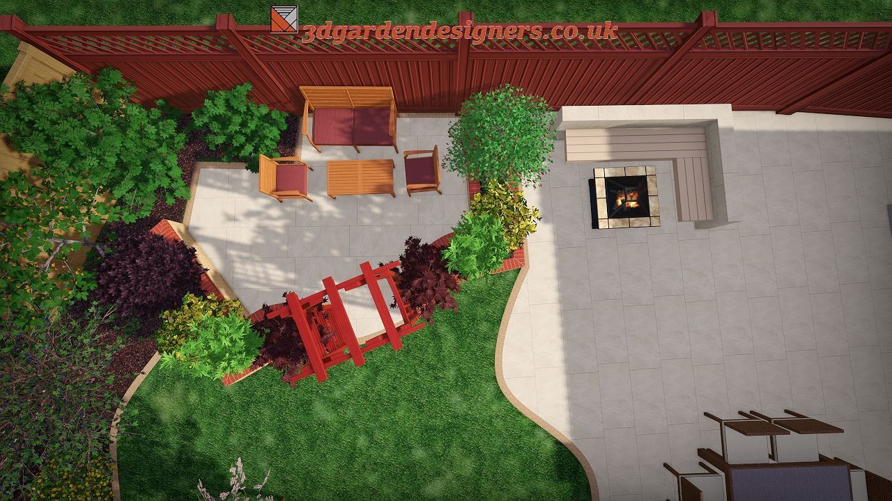 Overhead view of a backyard patio with a red pergola, seating area, grill, and lush greenery.
